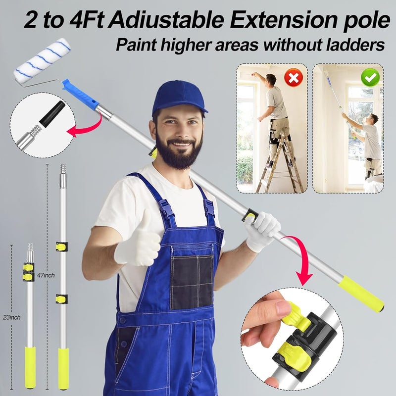 Elefama 31 PCS Paint Roller Kit with Extension Pole 2 to 4 Ft,9"4"Paint Rollers Covers Frame Tray Painters Tape Professional Long Handle Paint Brush Roller Set for Painting Walls House Corner Stain Concrete - Image 3